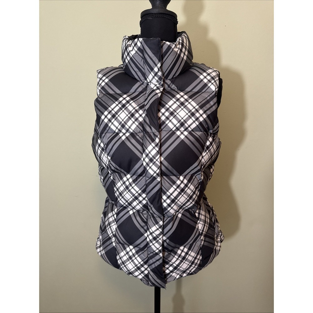 Eddie Bauer Womens M Black White Plaid Logo Full Zip Goose Down Puffer Vest